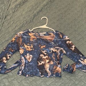 Artistic Galaxy Blue Long Sleeve Mesh Top